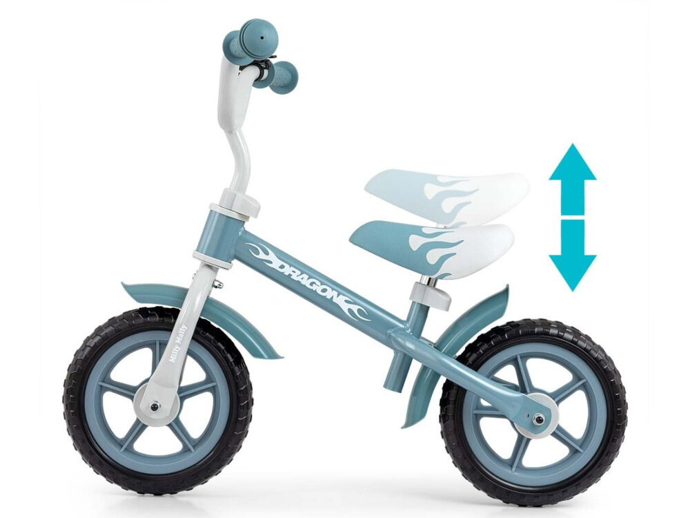 Rowerek biegowy MILLY MALLY Dragon Turkusowy regulacja wysokosci siodelka w zakresie od 53 do 57 cm zminimalizowane ryzyko wystepowania otarc ergonomiczna forma miekkie wykonczenie siedziska