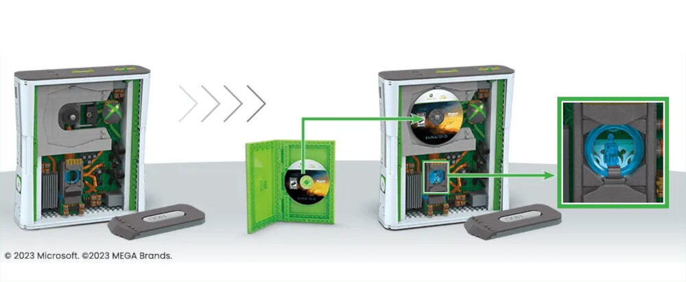 Klocki plastikowe MEGA Probuilder Showcase Microsoft Xbox 360 HWW15 podświetlana konsola i kontroler do zbudowania z klocków stacja dysków dysk inspirowany grą Halo 3 płyta główna