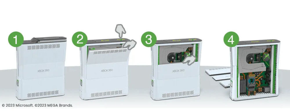 Klocki plastikowe MEGA Probuilder Showcase Microsoft Xbox 360 HWW15 działające światełka wyjmowany dysk twardy i boczne interaktywne wnętrze