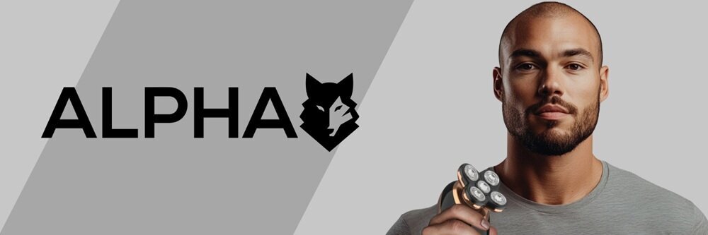 Na obrazie widoczny jest mężczyzna trzymający golarkę z kilkoma głowicami. Obok znajduje się logo z napisem \'ALPHA\' i symbolem wilka.