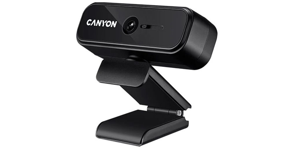 Kamera CANYON C2N USB-A - 1080p, Full HD, 1080p, mikrofon, wideokonferencje, Czarna kamera internetowa na rozłożonym uchwycie.
