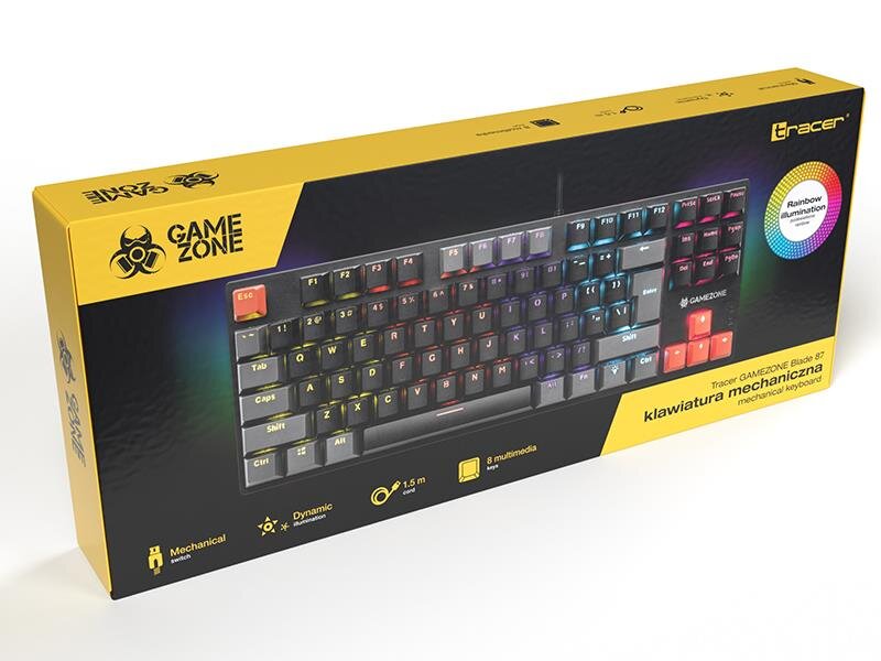 Opakowanie klawiatury mechanicznej Tracer Gamezone Blade 87 z podświetleniem RGB. Na pudełku widoczne są napisy: \'GAME ZONE\', \'klawiatura mechaniczna\', \'mechanical keyboard\', oraz ikony wskazujące na cechy produktu, takie jak \'Mechanical\', \'Dynamic illumination\', \'1.5 m cable\', \'8 multimedia\'.