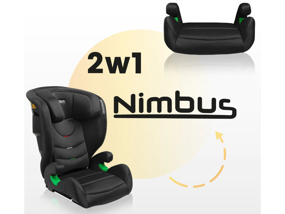 Fotelik samochodowy CARETERO Nimbus I-Size 100-150 cm (15-36 kg) Czarny fotelik na jasnym tle ze schowanym zagłówkiem widoczny od przodu obok podstawka na środku napi Nimbus 2w1 do przewożenia dzieci o wzroście od 100 do 150 cm wadze od 15 do 36 kg w wieku około 4–12 lat montaż przodem do kierunku jazdy stabilna pozycja siedząca bezpieczeństwo dziecka