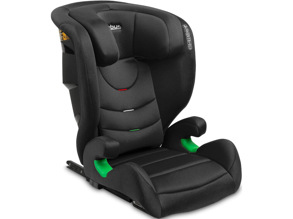 Fotelik samochodowy CARETERO Nimbus I-Size 100-150 cm (15-36 kg) Czarny fotelik na białym tle ze schowanym zagłówkiem widoczny od przodu pod skosem spełnienia normy ECE R129/03 standard i-Size dobór fotelika do wzrostu dziecka można dopasować siedzisko do aktualnych potrzeb użytkownika dziecko korzysta z fotelika dostosowanego do swojej sylwetki