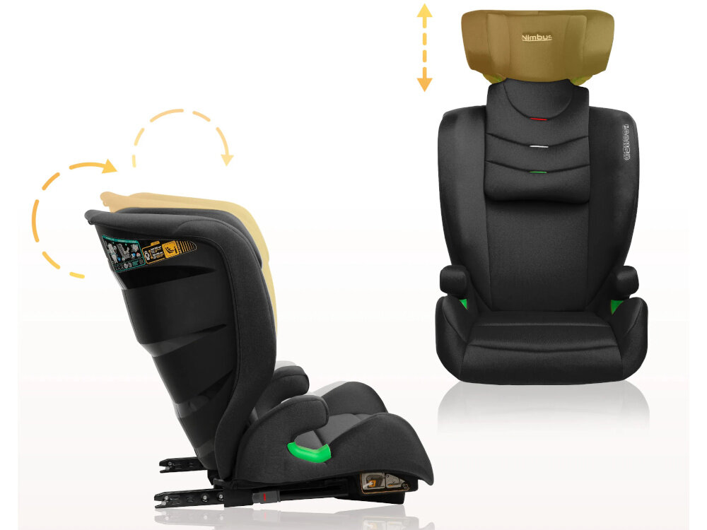 Fotelik samochodowy CARETERO Nimbus I-Size 100-150 cm (15-36 kg) Czarny fotelik w dówch ujęciach widok od przodu i z boku pokazana regulacja oparcia i zagłówka 12-stopniowa regulacja wysokości zagłówka w zakresie 59-83 cm można precyzyjnie dopasować fotelik do zmieniającego się wzrostu dziecka 2-stopniowa regulacja nachylenia oparcia można dopasować pozycję siedzącą do preferencji dziecka