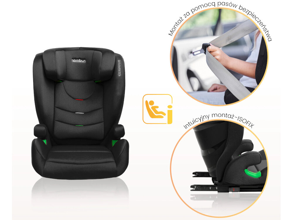 Fotelik samochodowy CARETERO Nimbus I-Size 100-150 cm (15-36 kg) Czarny fotelik na jasnym tle widoczny od przodu obik zbliżenie na bolce systemu ISOFIX i pasy bezpieczeństwa w samochodzie system ISOFIX montaż z samochodowymi pasami bezpieczeństwa szybki i powtarzalny montaż fotelika stabilność i komfort dziecka