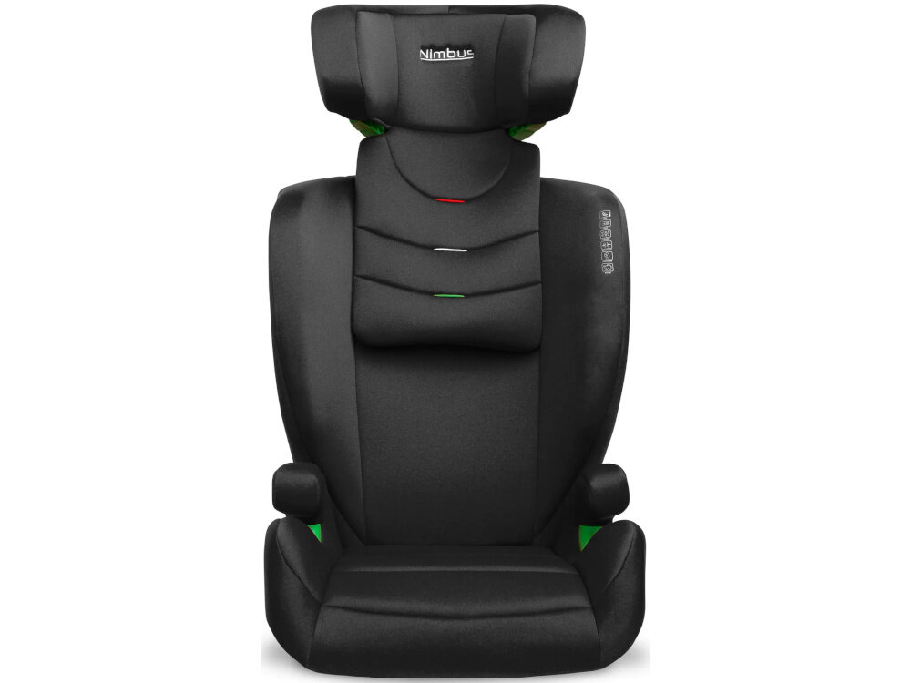 Fotelik samochodowy CARETERO Nimbus I-Size 100-150 cm (15-36 kg) Czarny fotelik na białym tle z wyciągniętym zagłówkiem widoczny od przodu miękka, przyjemna w dotyku tkanina wymiary wewnętrzne siedziska (32 x 33 cm) swoboda ruchów komfortowe wykończenie