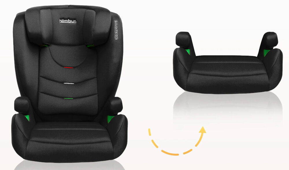 Fotelik samochodowy CARETERO Nimbus I-Size 100-150 cm (15-36 kg) Czarny jasne tło fotelik widoczny od przodu obok podstawka możliwości demontażu oparcia podstawka dla starszego dziecka można dopasować produkt do kolejnego etapu wzrostu dziecko nadal siedzi na odpowiedniej wysokości względem pasów bezpieczeństwa