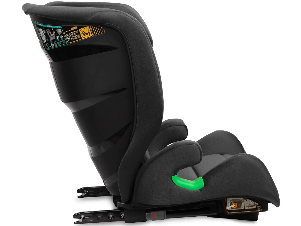 Fotelik samochodowy CARETERO Nimbus I-Size 100-150 cm (15-36 kg) Czarny fotelik ba białym tle widoczny z boku stabilna budowa waga około 6,1 kg dopracowane wymiary zewnętrzne (53 x 55 x 59-83 cm) solidność wygoda użytkowania dziecko korzysta z bezpiecznego i komfortowego miejsca