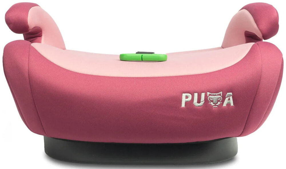 Podstawka samochodowa CARETERO Puma I-Size Różowy podstawka na białym tle widoczna od przodu do przewożenia dzieci o wzroście od 125 do 150 cm w przybliżeniu wiekowi od 4 do 11 lat do podniesienia pozycji siedzenia dziecka samochodowe pasy bezpieczeństwa przebiegają prawidłowo przez bark i biodra bezpieczne i komfortowe podróżowanie