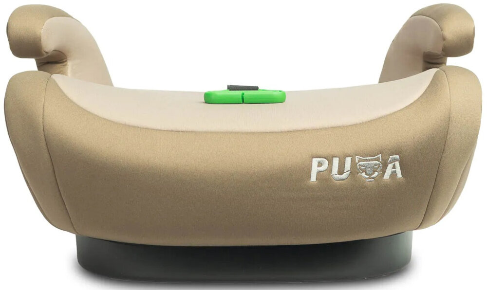 Podstawka samochodowa CARETERO Puma I-Size Beżowy podstawka na białym tle widoczna od przodu do przewożenia dzieci o wzroście od 125 do 150 cm w przybliżeniu wiekowi od 4 do 11 lat do podniesienia pozycji siedzenia dziecka samochodowe pasy bezpieczeństwa przebiegają prawidłowo przez bark i biodra bezpieczne i komfortowe podróżowanie