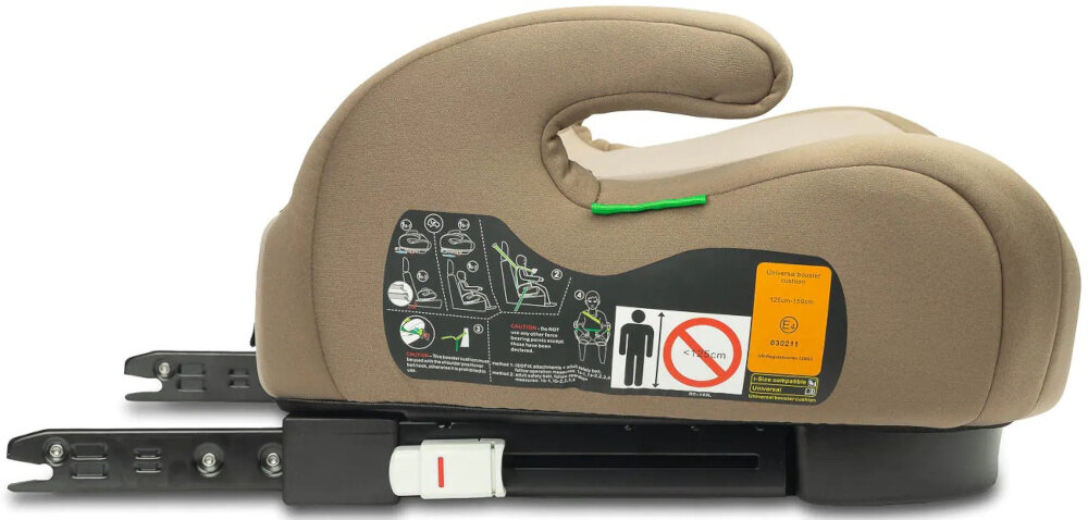 Podstawka samochodowa CARETERO Puma I-Size Beżowy podstawka na białym tle widoczna z boku waga 2,95 kg wymiary zewnętrzne 43 x 40 x 23 cm szybkie przekładanie między samochodami stabilna konstrukcja duża elastyczność