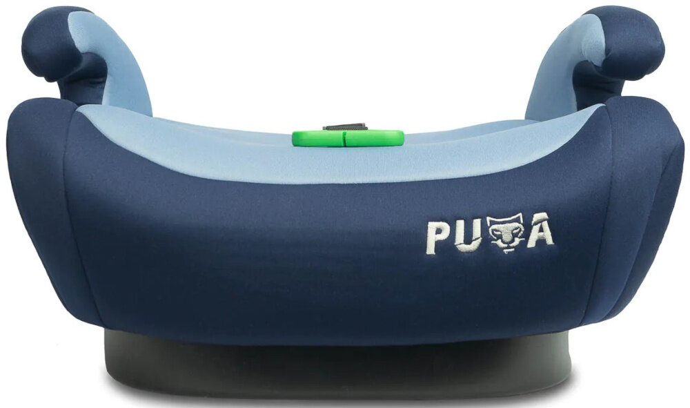 Podstawka samochodowa CARETERO Puma I-Size Granatowo-błękitny podstawka na białym tle widoczna od przodu do przewożenia dzieci o wzroście od 125 do 150 cm w przybliżeniu wiekowi od 4 do 11 lat do podniesienia pozycji siedzenia dziecka samochodowe pasy bezpieczeństwa przebiegają prawidłowo przez bark i biodra bezpieczne i komfortowe podróżowanie
