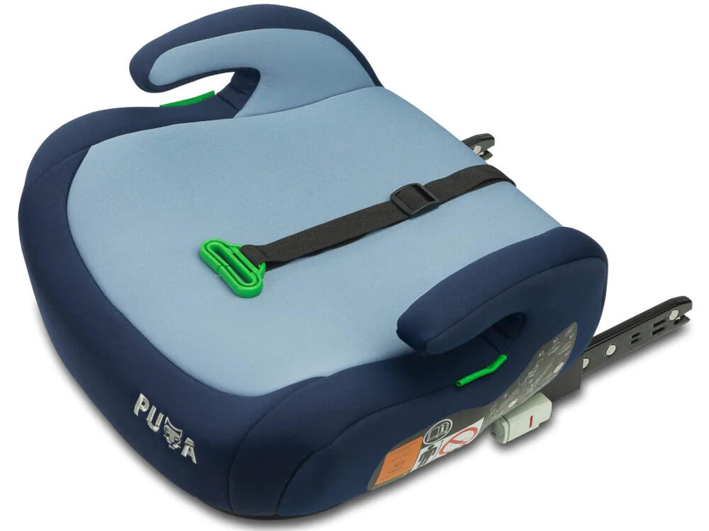 Podstawka samochodowa CARETERO Puma I-Size Granatowo-błękitny podstawka na białym tle widoczna od przodu pod skosem lekko z góry homologacja ECE R129/02 standard i-Size dobór podstawki na podstawie wzrostu dziecka ułatwia właściwe dopasowanie siedziska do sylwetki wspiera prawidłowe prowadzenie pasów bezpieczeństwa