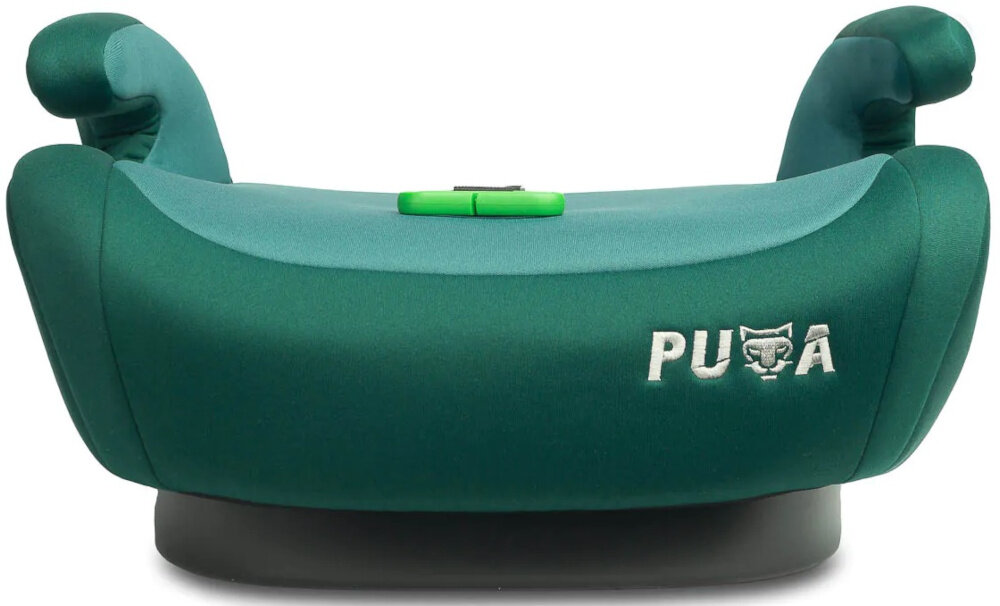 Podstawka samochodowa CARETERO Puma I-Size Zielony podstawka na białym tle widoczna od przodu do przewożenia dzieci o wzroście od 125 do 150 cm w przybliżeniu wiekowi od 4 do 11 lat do podniesienia pozycji siedzenia dziecka samochodowe pasy bezpieczeństwa przebiegają prawidłowo przez bark i biodra bezpieczne i komfortowe podróżowanie