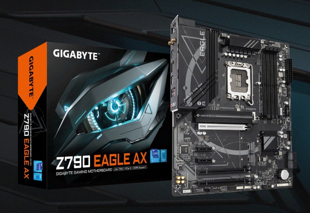 Płyta główna GIGABYTE Z790 Eagle AX Płyta główna zaprezentowana w pionie obok opakowania