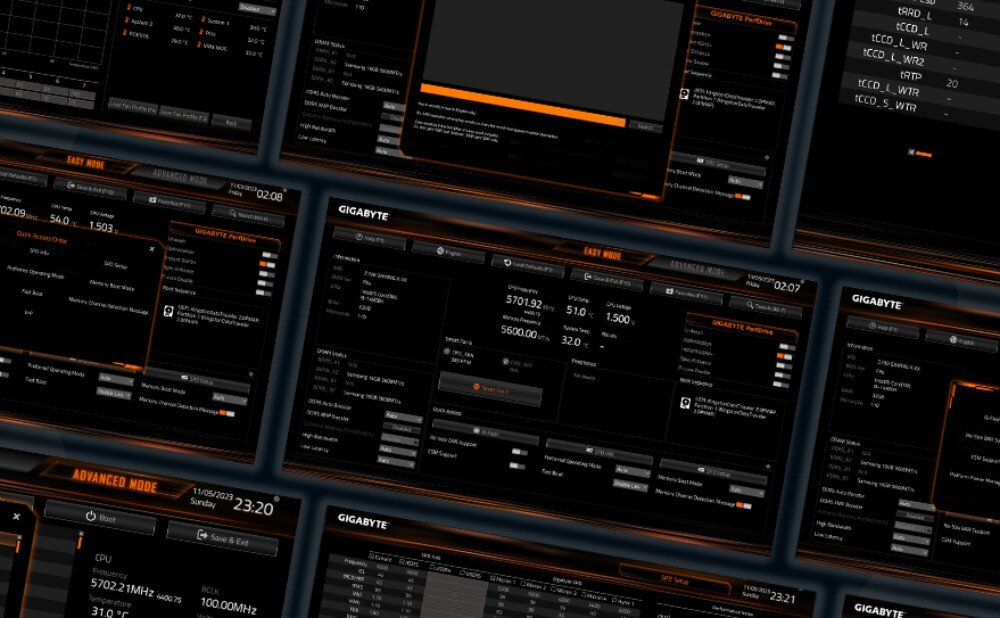Płyta główna GIGABYTE Z790 Eagle AX Kolaż ekranów interfejsu oprogramowania układowego z widocznymi opcjami