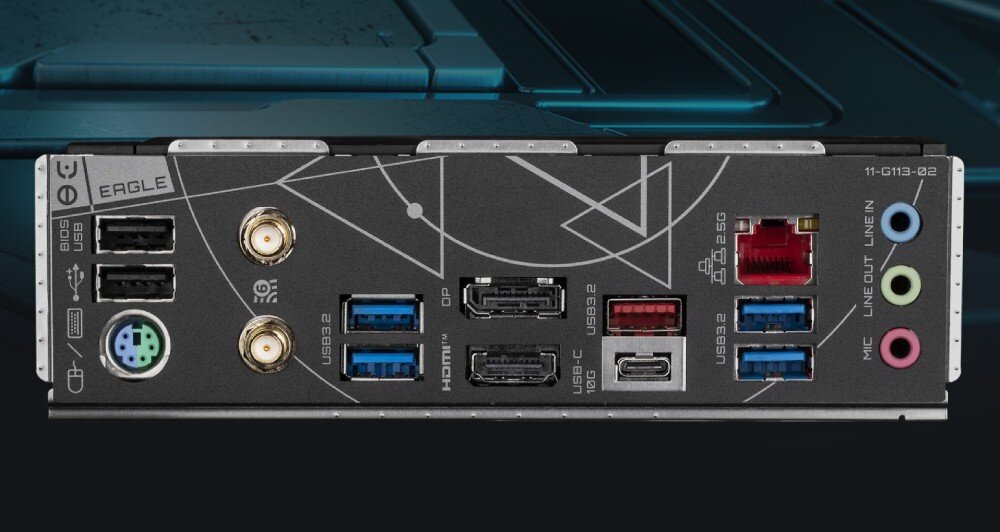Płyta główna GIGABYTE Z790 Eagle AX Panel tylny urządzenia z widocznymi portami USB i gniazdami antenowymi