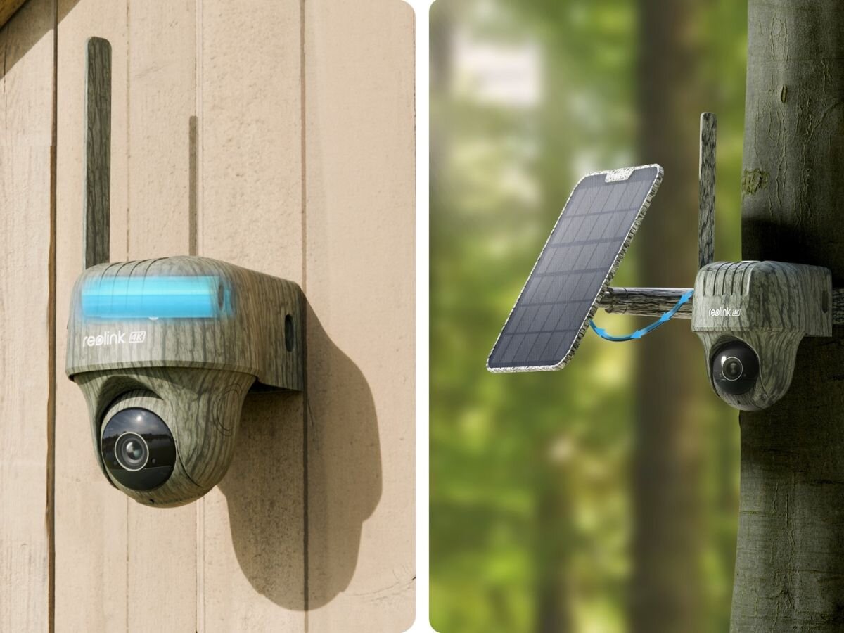 Kamera REOLINK Go Series G450 + Solar Panel 2 - Trwała bateria, kamera przymocowana do elewacji budynku oraz do drzewa