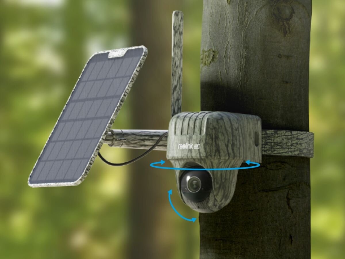 Kamera REOLINK Go Series G450 + Solar Panel 2 - Widok 360° z obrotem, kamera przymocowana do drzewa