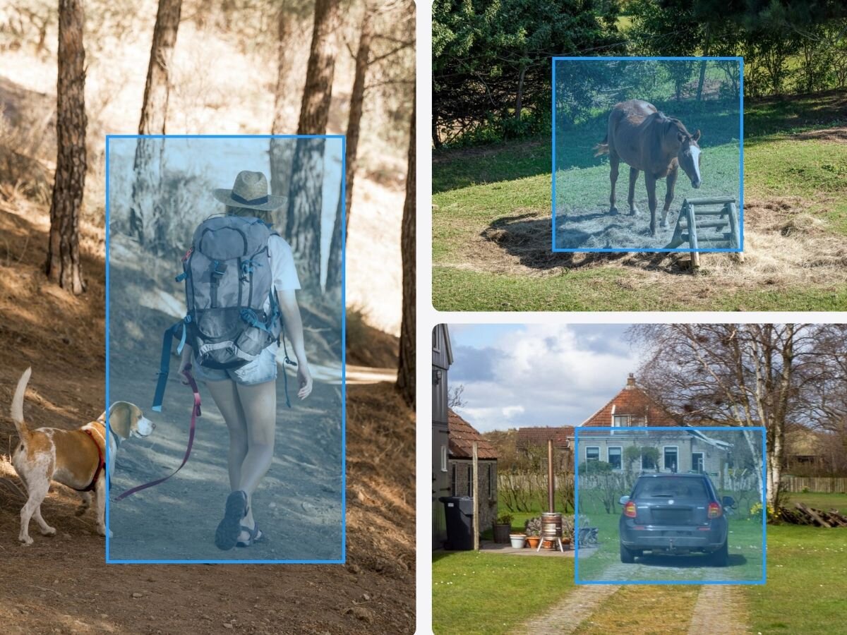 Kamera REOLINK Go Series G450 + Solar Panel 2 - Detekcja obiektów, 3 kadry z kamery wykrywające obiekty