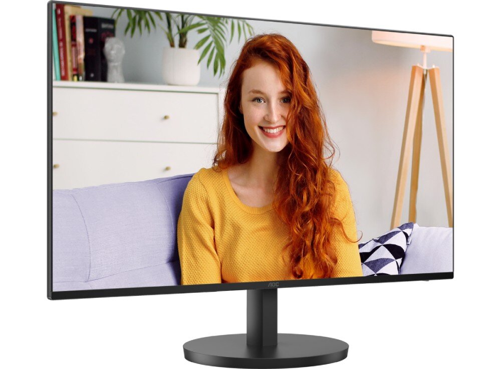Monitor AOC 27B3HA2 Monitor pokazany z lewej strony pod lekkim kątem, ochrona wzroku, filtr niebieskiego światła, redukcja migotania