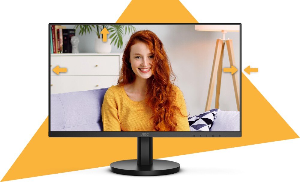 Monitor AOC 27B3HA2 Wizualizacja konstrukcji bezramkowej monitora. Strzałki wskazują cienkie ramki wokół ekranu, ramka, wygląd, regulacja nachylenia, mocowanie VESA