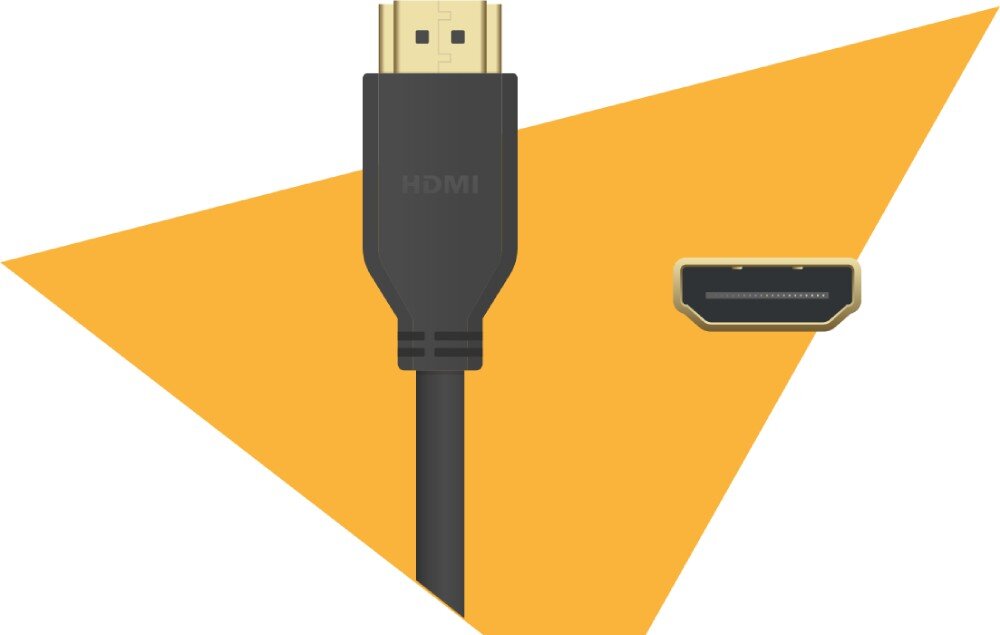 Monitor AOC 27B3HA2 Grafika przedstawiająca kabel HDMI i jego wtyczkę na tle żółtego trójkąta, porty, złącza, podłączenie