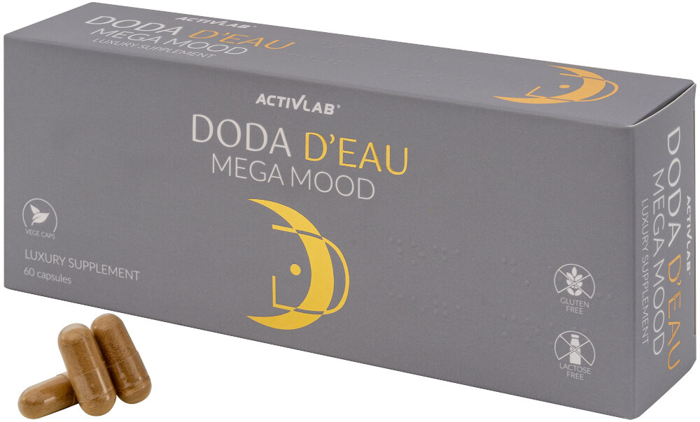 Suplement na koncentracje ACTIVLAB Doda D-eau Mega Mood 60 kapsułek suplement poprawiajacy koncentracje wysokiej jakosciekstrakt z soplowki jezowatej Hericium erinaceus 30% biologicznie aktywnych polisacharydow dla kazdej osoby doroslej codzienne wsparcie w sytuacjach stresowych nazwa alfabetem Braille