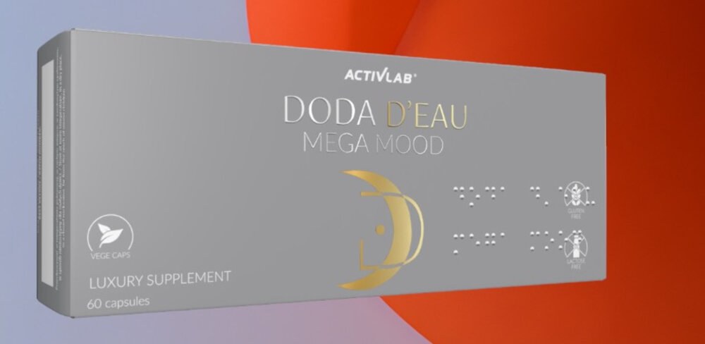 Suplement na koncentracje ACTIVLAB Doda D-eau Mega Mood 60 kapsułek adaptogeny skladniki roslinne wspieraja funkcje poznawcze BACOPA 300 mg AMLA 300 mg wlasciwa praca przewodu pokarmowego piekna skora iwlosy obnizenie poziomu cukru we krwi