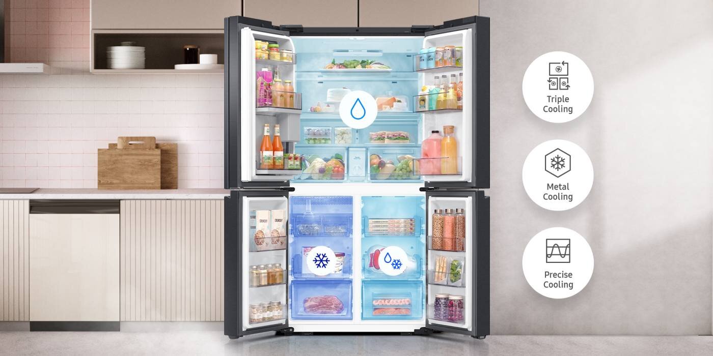 w lodówce Samsung AI Family Hub™ RF65DG9H0EB1EO produkty dłużej zachowują świeżość dzięki Triple Cooling, Metal Cooling i Precise Cooling w lodówce Samsung AI Family Hub™ RF65DG9H0EB1EO produkty dłużej zachowują świeżość dzięki Triple Cooling, Metal Cooling i Precise Cooling