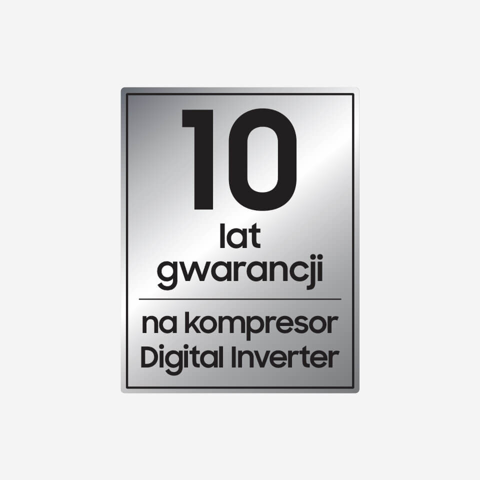 Obraz przedstawia srebrną plakietkę z napisem: \'10 lat gwarancji na kompresor Digital Inverter\'.