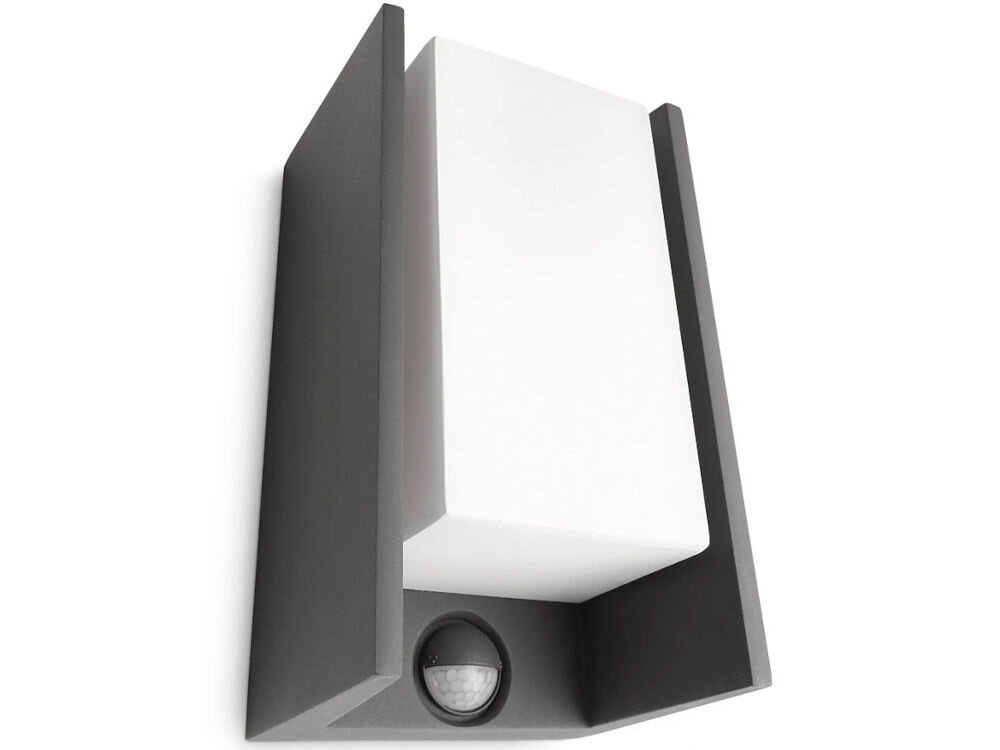 Kinkiet PHILIPS Bridge II Antracytowy prostokątna lampa zewnętrzna z białym kloszem i czujnikiem ruchu zamontowana na białej ścianie