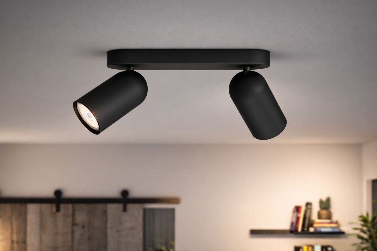 Lampa sufitowa punktowa PHILIPS Pongee 915005531001 Czarny, reflektory, kuchnia, salon, korytarz, czarny reflektor Philips Pongee oświetla półki z książkami przy drzwiach