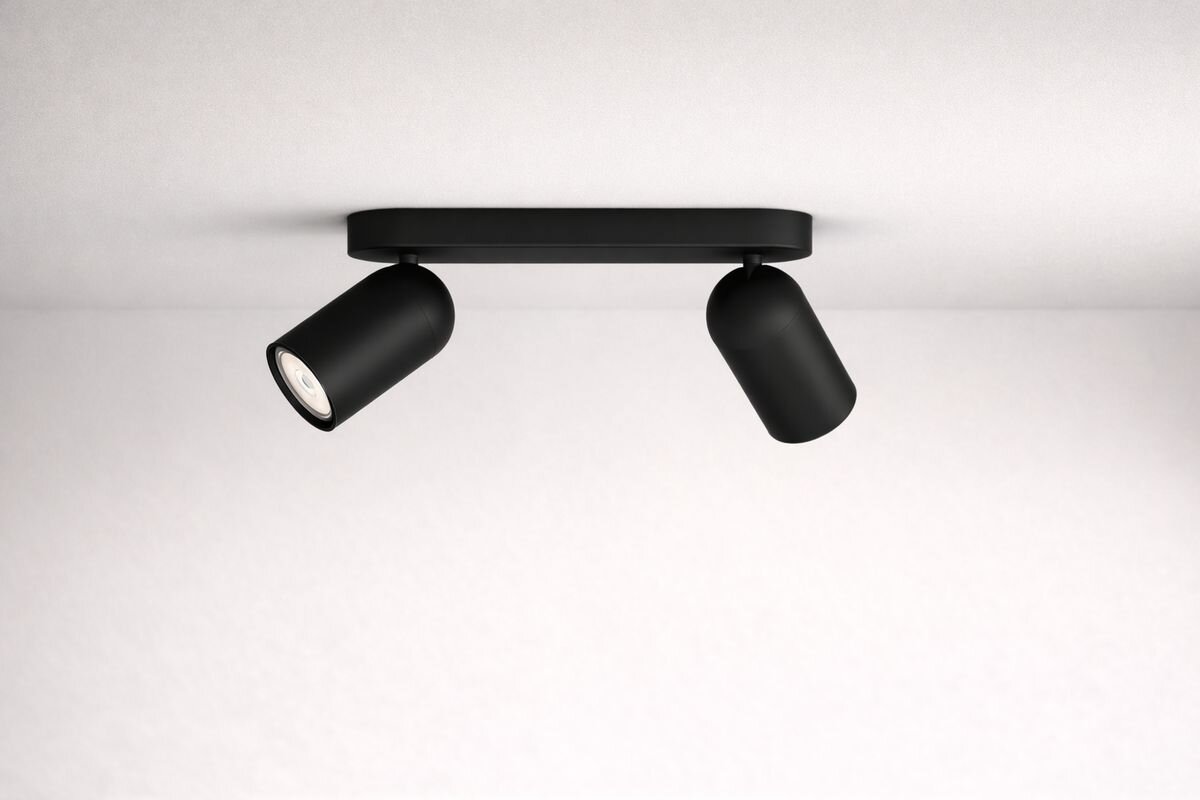 Lampa sufitowa punktowa PHILIPS Pongee 915005531001 Czarny, obracanie, przechylanie, kąt, światło, Zbliżenie czarnej lampy sufitowej Philips Pongee z dwoma reflektorami GU10
