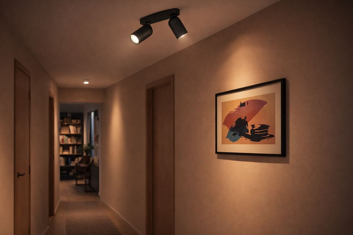 Lampa sufitowa punktowa PHILIPS Pongee 915005531001 Czarny, żarówka, LED, moc, barwa, Czarna lampa Philips Pongee na suficie eleganckim salonie z kominkiem