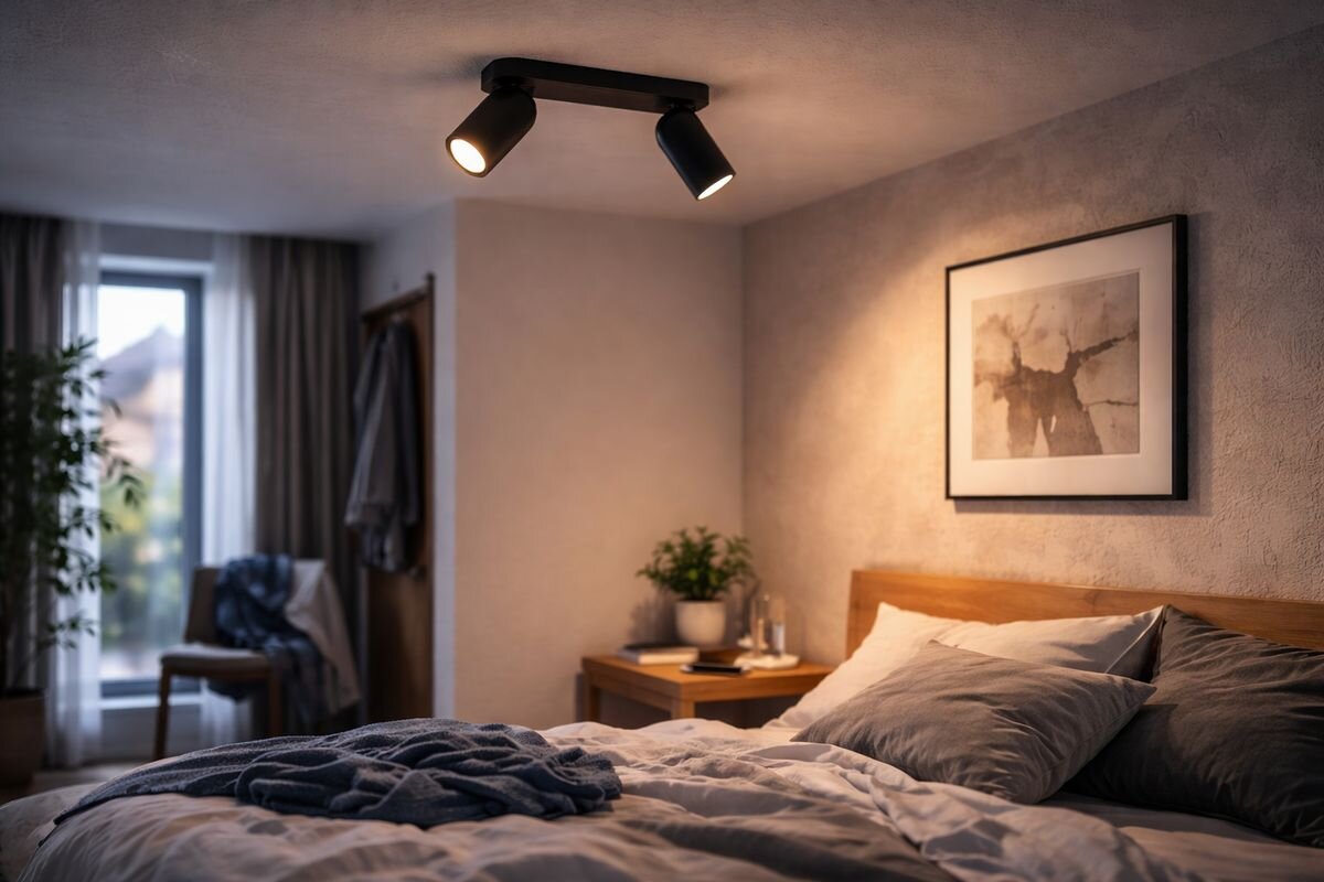 Lampa sufitowa punktowa PHILIPS Pongee 915005531001 Czarny, metal, biel, obudowa, trwałość, Czarna lampa sufitowa Philips Pongee w sypialni z ciepłym światłem