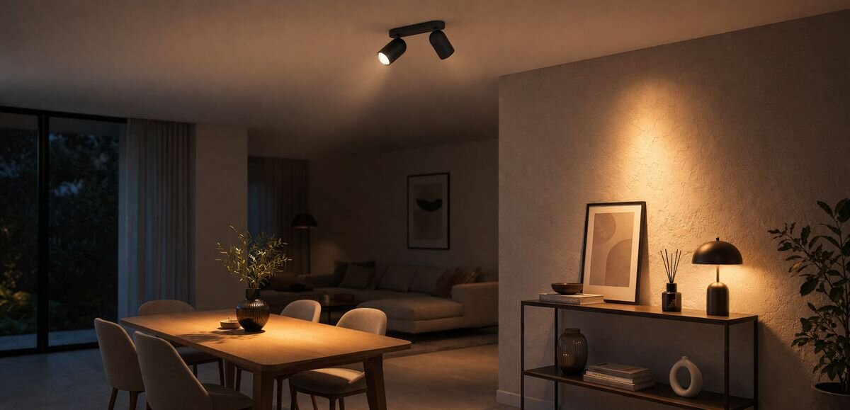 Lampa sufitowa punktowa PHILIPS Pongee 915005531001 Czarny, wymiary, długość, szerokość, wysokość, Czarny spot sufitowy Philips Pongee w jasnym salonie z sofą narożną