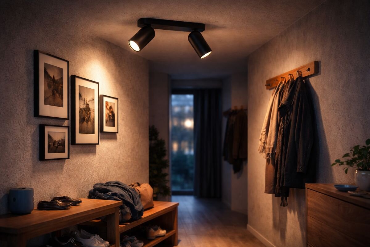 Lampa sufitowa punktowa PHILIPS Pongee 915005531001 Czarny, IP20, salon, sypialnia, uziemienie, Czarny reflektor sufitowy Philips Pongee w pracowni artystycznej