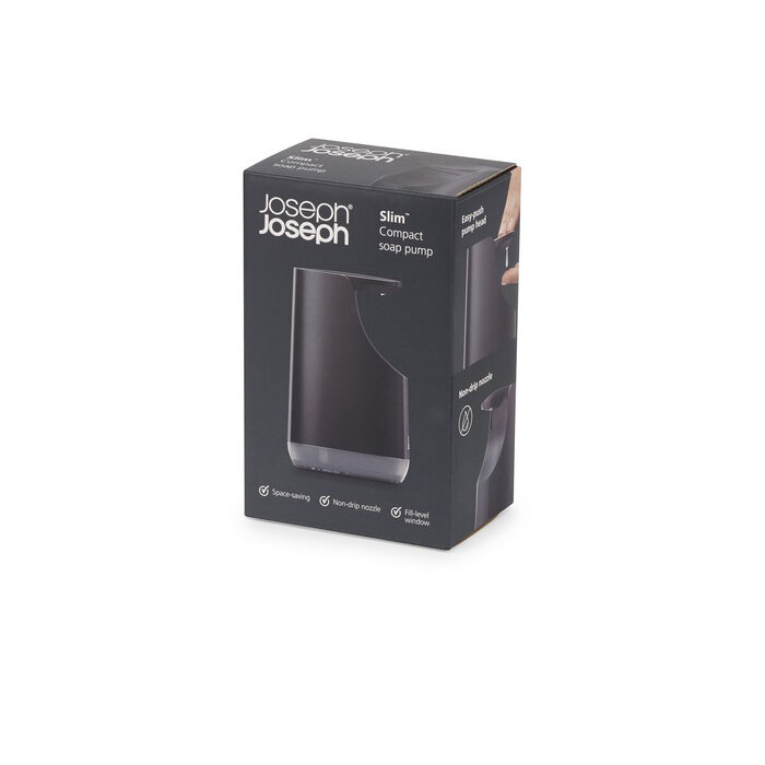 Opakowanie produktu z napisem \'Joseph Joseph Slim Compact soap pump\'. Widoczny jest obrazek dozownika oraz informacje: \'Space-saving\', \'Non-drip nozzle\', \'Fill-level window\'.
