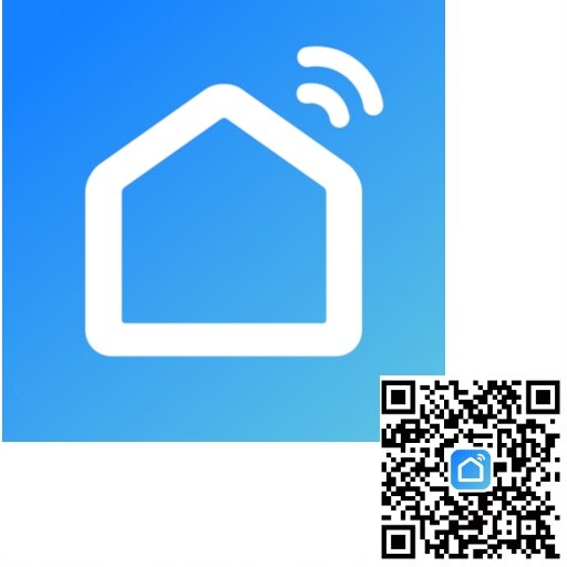 Ikona przedstawia biały symbol domu z falami na niebieskim tle oraz kod QR z małym symbolem domu w środku.