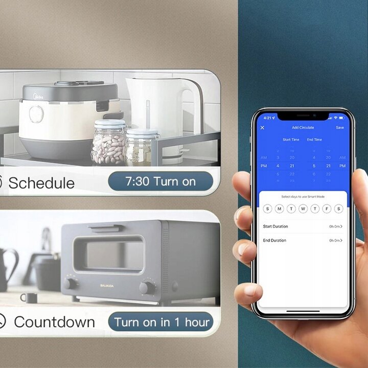 Obraz przedstawia dwa urządzenia kuchenne z funkcjami \'Schedule\' i \'Countdown\', oraz smartfon z aplikacją do ustawiania czasu. Na ekranie telefonu widoczny jest interfejs z opcjami ustawienia czasu i dni tygodnia.
