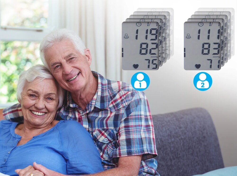 Na obrazie widać starszą parę siedzącą na kanapie oraz dwa wyświetlacze ciśnieniomierza z wynikami: 119/82 mmHg, puls 75 oraz 111/83 mmHg, puls 71. Obok wyświetlaczy znajdują się ikony z numerami 1 i 2.