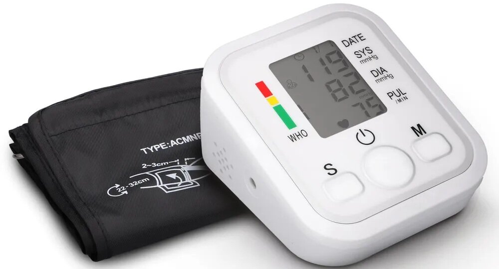 Ciśnieniomierz EXTRALINK Smart Life K-4S Biały ciśnieniomierz wraz z rękawem na białym tle, niewielkie wymiary, zasilanie bateryjne