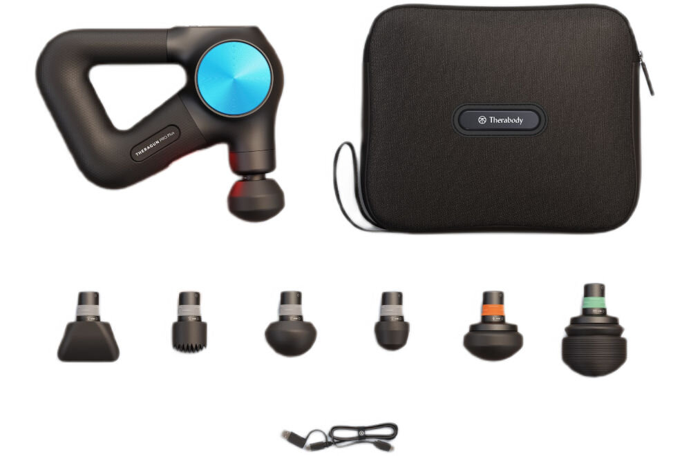 Masażer ręczny Gun THERABODY Theragun PRO Plus TG0003970-3A10 5 końcówek przewód do ładowania naadka do terapii wibracyjnej przystawka do terapii ciepłem etui dokumentacja
