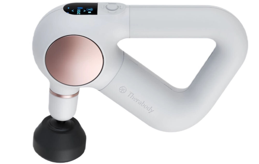 Masażer ręczny Gun THERABODY Theragun Sense TG0003972-3A20 Biały kompaktowe wymiary waga aamplituda pracy głowicy 12 mm wbudowany czujnik biometryczny łączność bluetooth pięciostopniowy zakres prędkości wymienne końcówki z pianki poliuretanowej trwałość komfort użytkowania