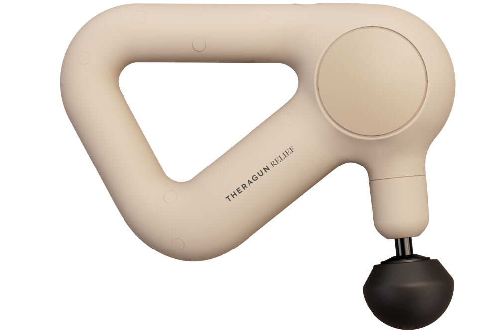 Masażer THERABODY Theragun Relief Beżowy trójkątny uchwyt wygodne dotarcie do trudnych miejsc trzy specjalistyczne końcówki standard ball dampener thumb idealnie dopasowanie do różnorodnych potrzeb szerokie grupy mięśniowe delikatne punkty spustowe ostsooswanie terapii do konkretnego obszaru ciała łagodzenie napięć i bólu 