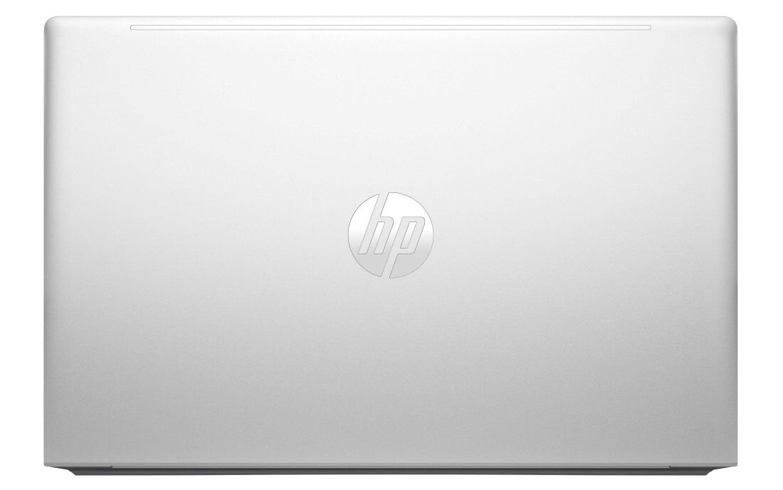 Laptop HP ProBook 450 G10 w srebrnej obudowie z zamkniętą pokrywą, widok z góry na logo HP na środku, podkreślający elegancki design i mobilność. - bateria 51 Wh z funkcją Fast Charge 