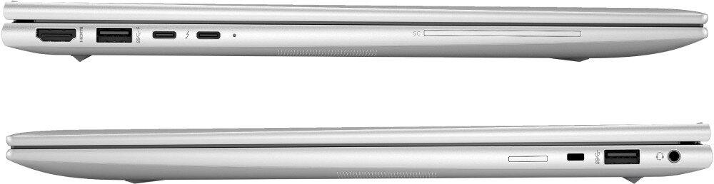 Laptop HP EliteBook 865 G10 Zbliżenie na krawędzie laptopa, ukazujące różne porty i złącza, w tym HDMI, USB i gniazdo słuchawkowe, łączność, Wi-Fi, Bluetooth, porty, gniazda