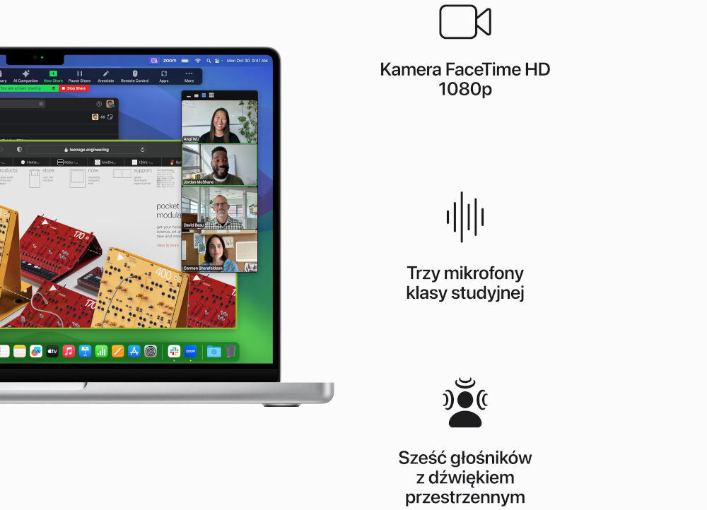 Laptop APPLE MacBook Pro 2023 14 Retina M3 16GB RAM 1TB SSD macOS Gwiezdna szarość
kamera i dźwięk na poziomie,
kamera FaceTime HD o rozdzielczości 1920 x 1080 px, trzy mikrofony kierunkowe, system sześciu głośników, technologia dolby atmos,
laptop na białym tle, ikonka kamerki, napis Kamera FaceTime HD 1080p, napis trzy mikrofony klasy studyjnej,
ikonka człowieka z falami symbolizującymi dźwięk przestrzenny, napis sześć głośników z dźwiękiem przestrzennym